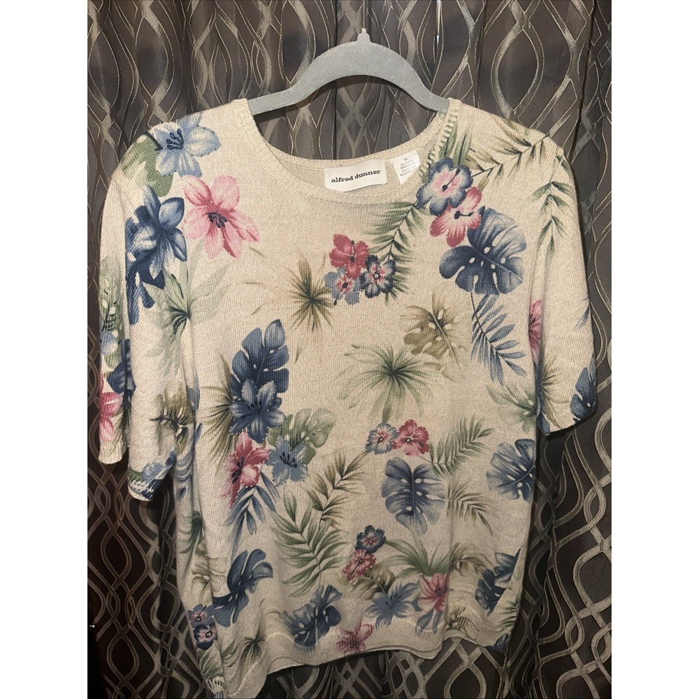 ALFRED DUNNER XL Tan Sweater Short Sleeve Hawaiian Aloha Floral Beaded Boho Chic